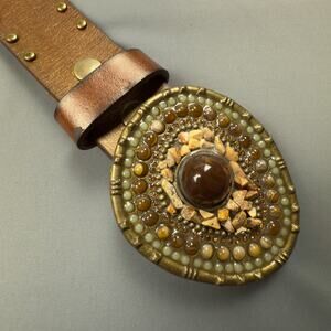 Brown Leather Belt with Beaded Stone Buckle Size 32